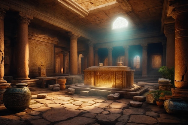 Descubrimiento arqueológico virtual de la sala del tesoro de las ruinas antiguas del metaverso