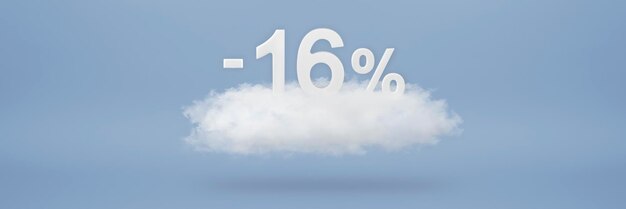 Descuento del 16 por ciento Venta de grandes descuentos de hasta el dieciséis por ciento Los números 3D flotan en una nube sobre un fondo azul Copiar espacio Banner publicitario y afiche para insertar en el proyecto