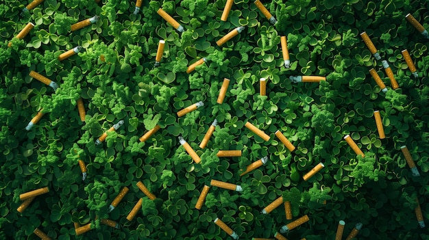 Foto el descuido del medio ambiente con las colillas de cigarrillos en los tréboles