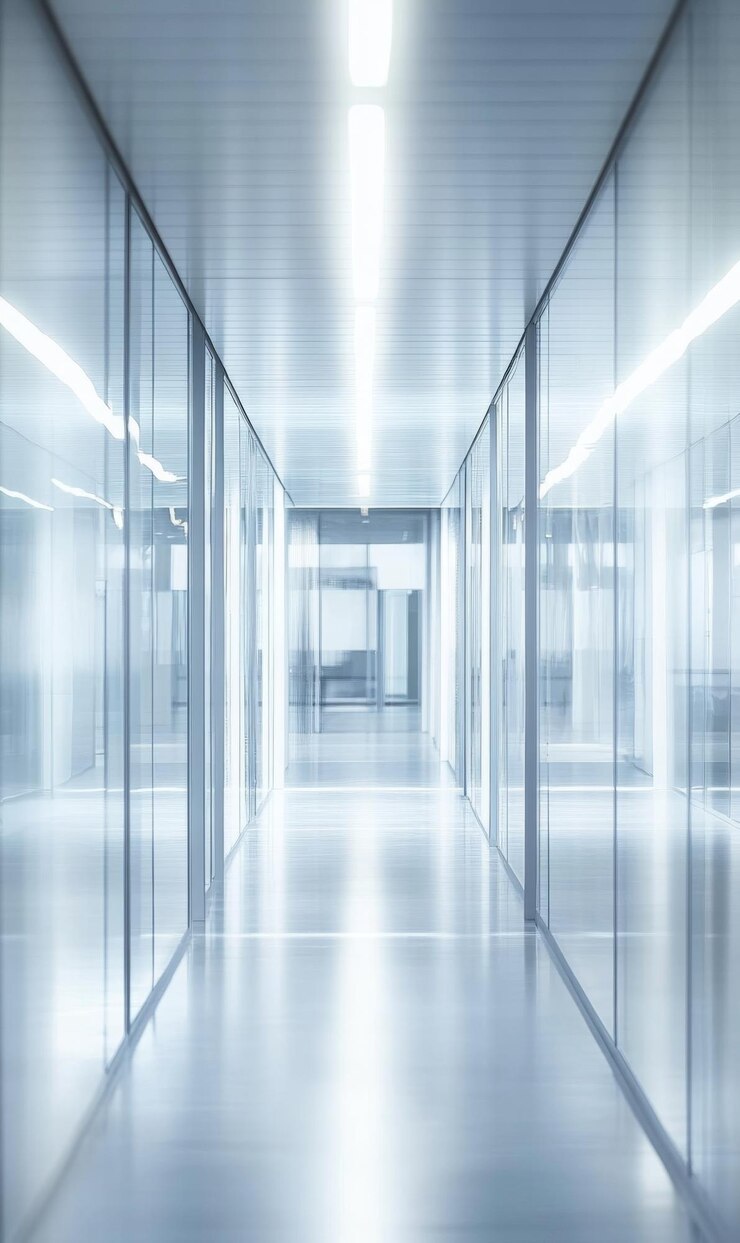 desdibujado pasillo de la oficina luces de techo brillantes y paneles de vidrio a lo largo de los lados detalles modernos sutiles espacio de copia limpio y profesional