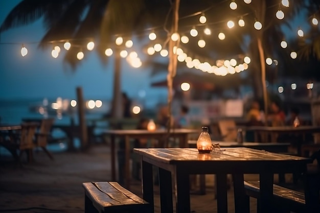 Desenfoque y bokeh del restaurante del bar de la playa para el ai generativo de fondo