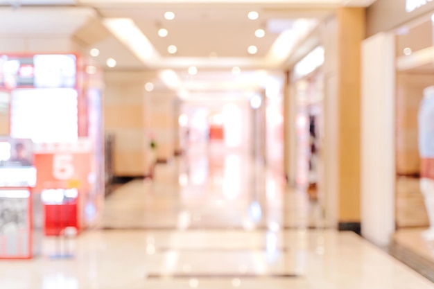 Desenfoque desenfocado abstracto interior del centro comercial de grandes almacenes de lujo con concepto de fondo bokeh de diseño de temporadas de compras