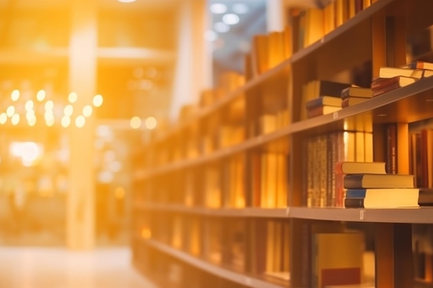 Desenfoque de fondo de la librería decorada con madera y luz cálida