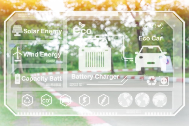 Desenfoque de fondo de la naturaleza con fuentes de energía de iconos para el concepto de mundo renovable