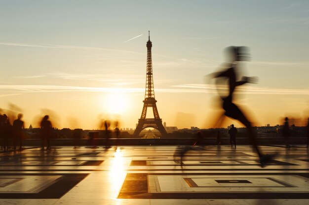 Desenfoque de movimiento de un corredor al pasar por la torre Eiffel en París