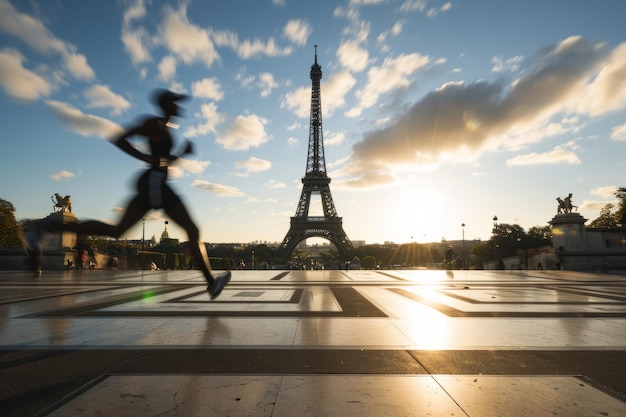 El desenfoque de movimiento de un corredor mientras pasan por la Torre Eiffel en París