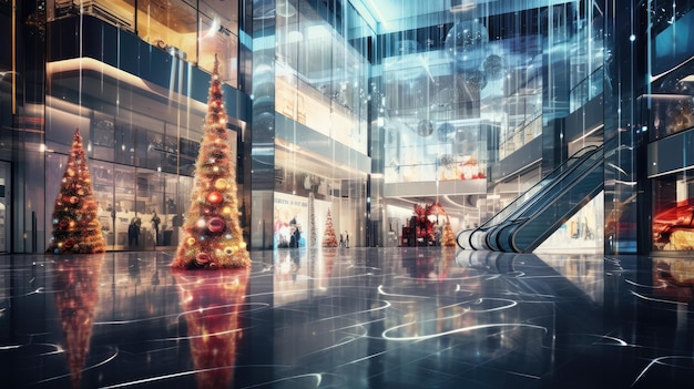 Desenfoques abstractos del interior de un centro comercial adornado con adornos navideños y luces brillantes.