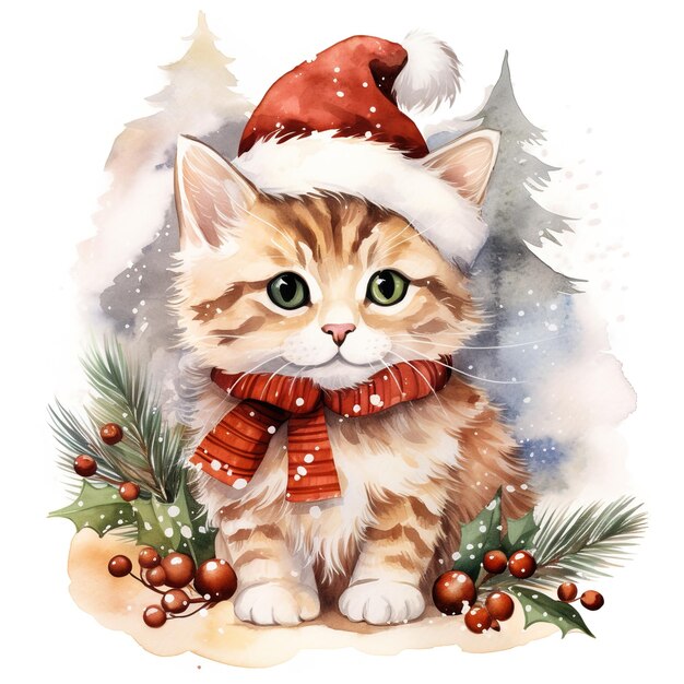 desenhado à mão gato de Natal bonito aquarela estilo de férias clipart isolado em fundo branco