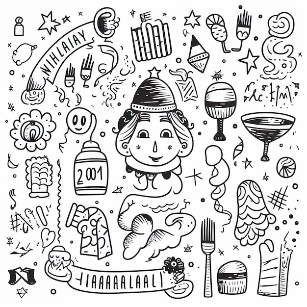 desenhado à mão preto e branco feliz ano novo coleção de doodle elementos de festa de ano novo generativo ai