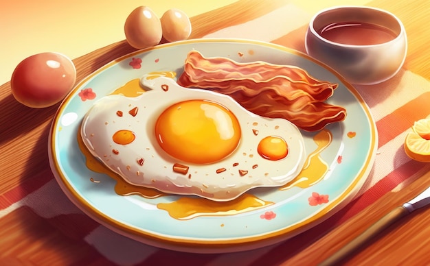 Desenhado ovos de café da manhã saudável e bacon no prato ilustrações de comida de café da manhã em aquarela geradas