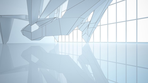 Desenhando o interior branco arquitetônico abstrato de uma casa minimalista com grandes janelas 3D