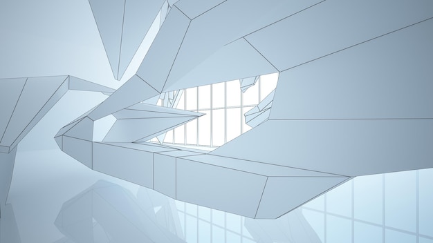 Desenhando o interior branco arquitetônico abstrato de uma casa minimalista com grandes janelas 3D