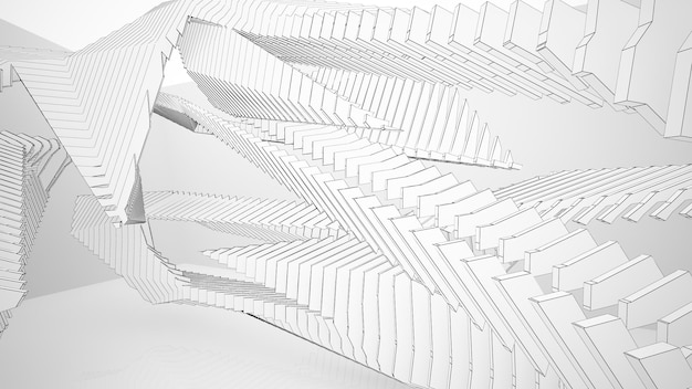 Desenhando o interior branco arquitetônico abstrato de uma casa minimalista com grandes janelas 3D