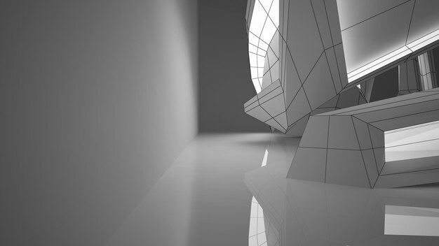 Desenhando o interior branco arquitetônico abstrato de uma casa minimalista com grandes janelas 3D