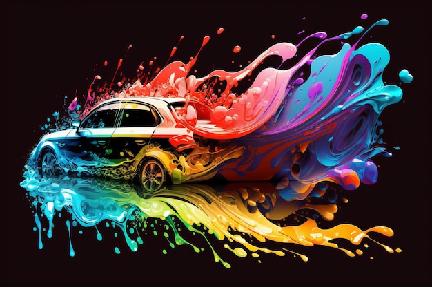 Foto desenhando o movimento de uma silhueta de carro em tinta derramada em cores brilhantes generative ai