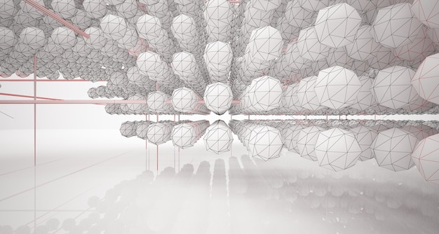 Desenhando um interior arquitetônico abstrato branco de uma variedade de esferas com grandes janelas 3D ilustre