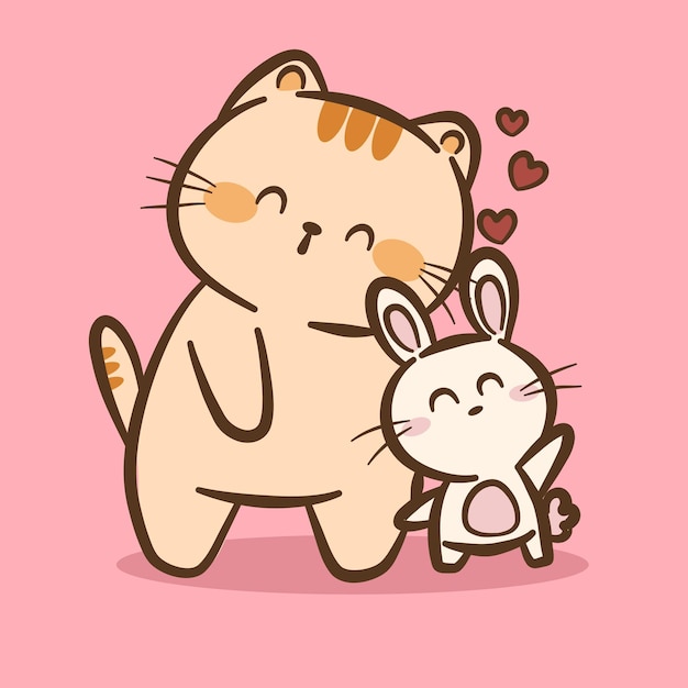 Desenhar à mão o caractere de desenho animado do Gato e do Coelho no fundo de cor