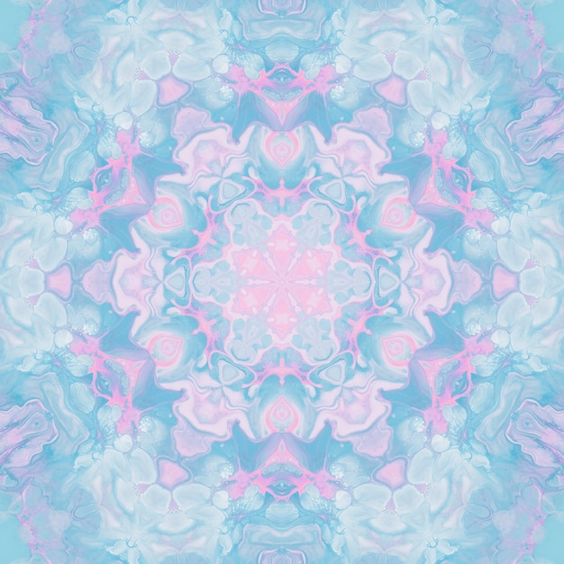 Desenhar com aquarelas, imagens abstratas para o fundo. Elemento de design, cores rosa pastel e azul. Flores geométricas, desfoque caleidoscópio