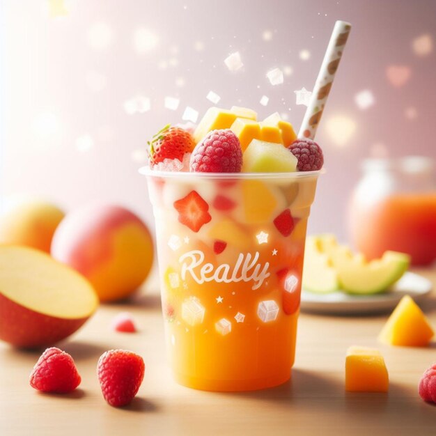 Foto desenhar uma fotografia de um suco de coquetel delicioso e delicioso com pedaços de frutas frescas e doces frias