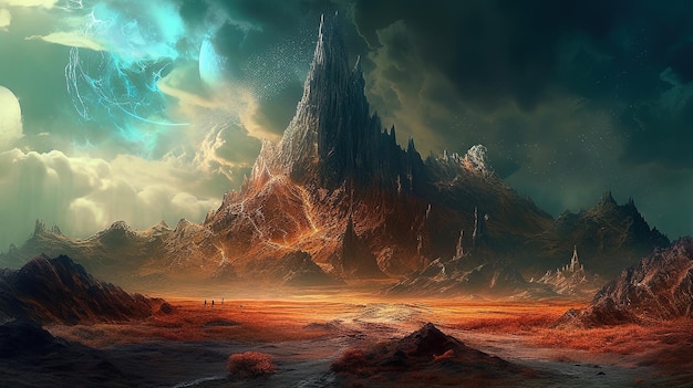 Desenhar uma pequena e fantástica paisagem de outro planeta com um observador olhando para uma montanha
