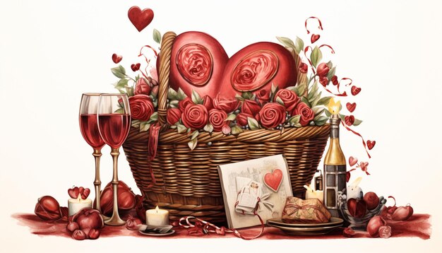 Desenhe um cartão com uma cesta cheia de presentes com temas de amor cercados por corações e um copo romântico Crie um espaço aberto para uma expressão pessoal de amor