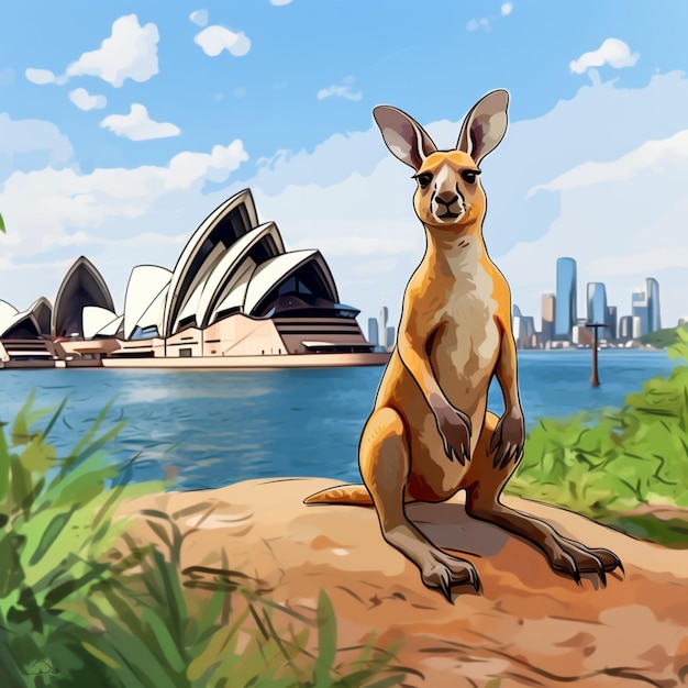 desenhe um desenho animado de canguru em Sydney, Austrália, como fundo