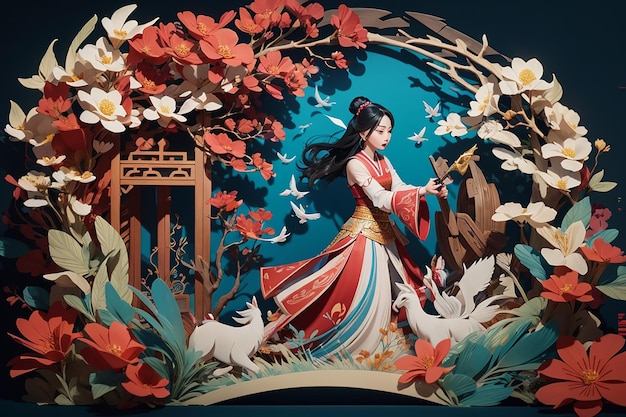 Desenhe um mundo de fantasia usando papel japonês e expresse uma cena onde vivem personagens fantásticos