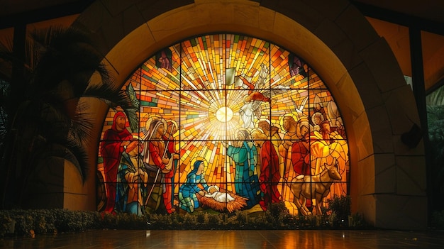 Desenhe um vitral retratando a cena da Natividade com Jesus na manjedoura cercado por Maria, José e os pastores usando cores quentes para evocar uma sensação de paz divina
