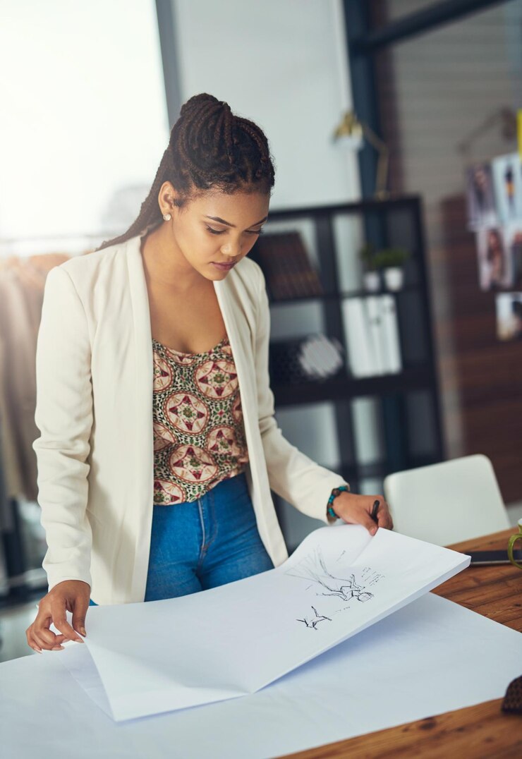 Foto desenhista de moda arte e mulher desenho em papel para design ilustração de vestido ou ideias de roupas alfaiate criativo e personagem africano esboço para inspiração padrão e planejamento em oficina de startup