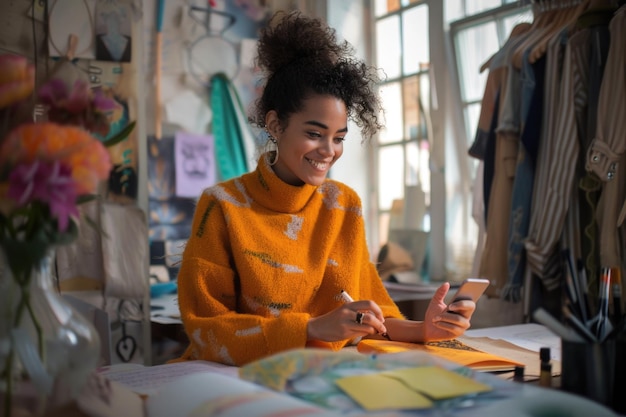 Desenhista de moda bi-racial feliz fazendo anotações e usando smartphone em um estúdio ensolarado