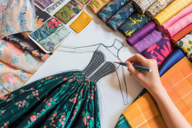Foto desenhista esboçando um vestido de baile com amostras de tecido
