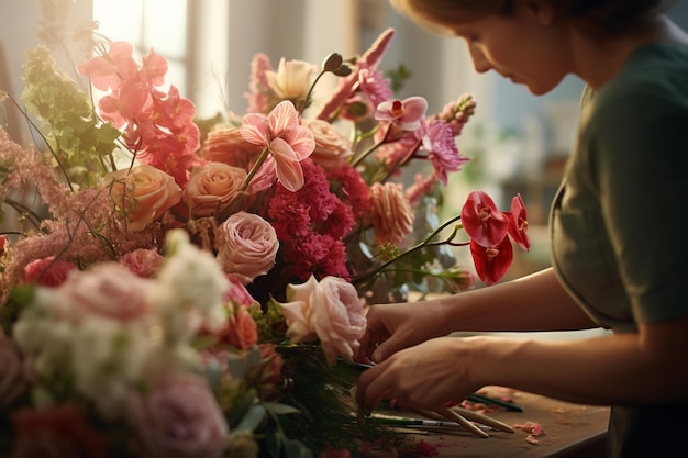 Desenhista floral arranjando um ai elaborado e generativo