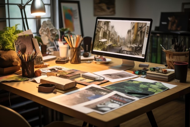 Desenhista gráfico escritório em casa e mesa criativa IA generativa