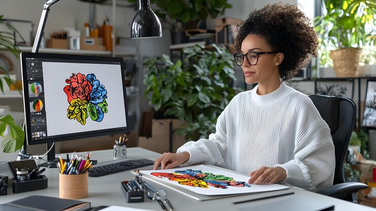 Desenhista gráfico finalizando um design minimalista para impressão em um fundo cinza claro e calmante