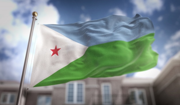 Desenho 3D da bandeira de Djibouti no fundo do edifício do céu azul