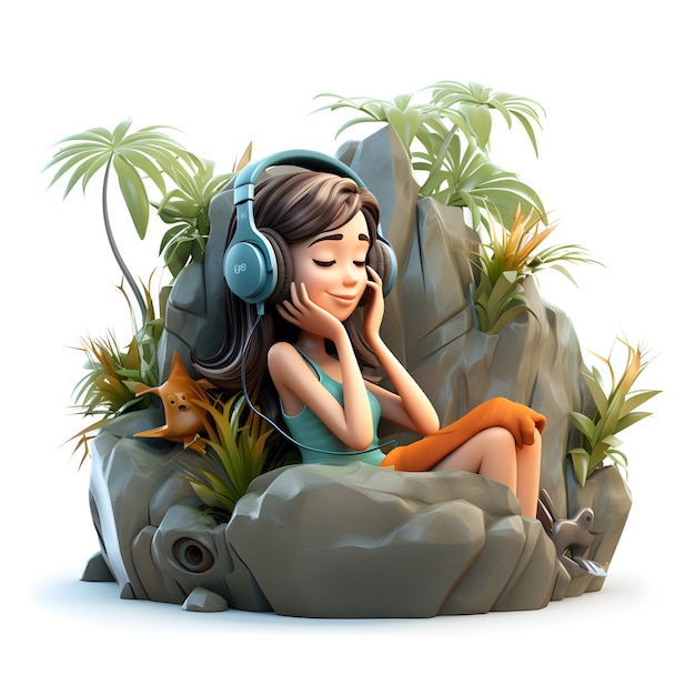 Desenho 3d de garota ouvindo música