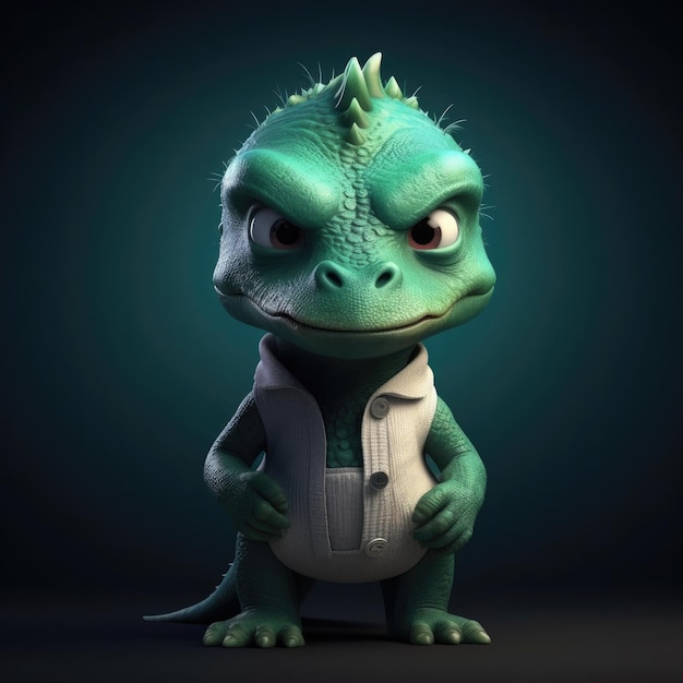 Desenho 3D Dinossauro Dino retrato vestindo roupas óculos chapéu jaqueta em pé na frente