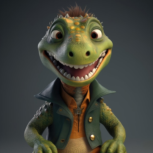 Desenho 3D Dinossauro Dino retrato vestindo roupas óculos chapéu jaqueta em pé na frente