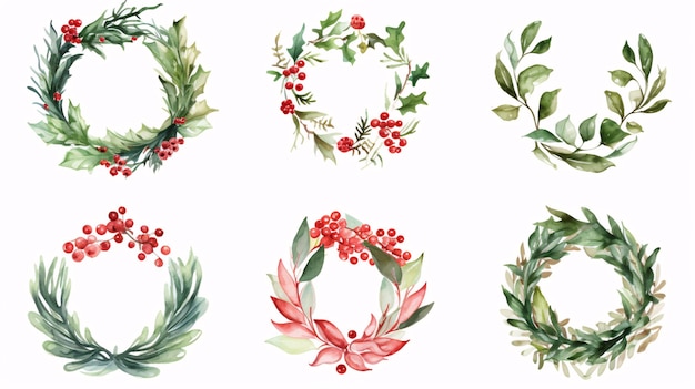 Desenho a aquarela Conjunto de coroas de Natal Coroas festivas de Ano Novo quadros redondos de cor verde e vermelha de folhas e galhos de coníferas com bagas vermelhas