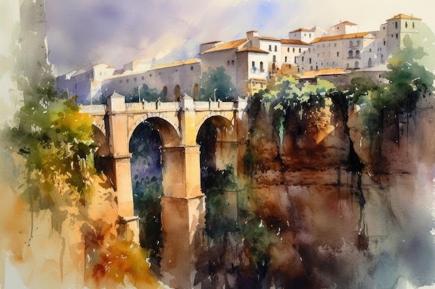 Desenho a aquarela da ponte de Ronda, em Málaga