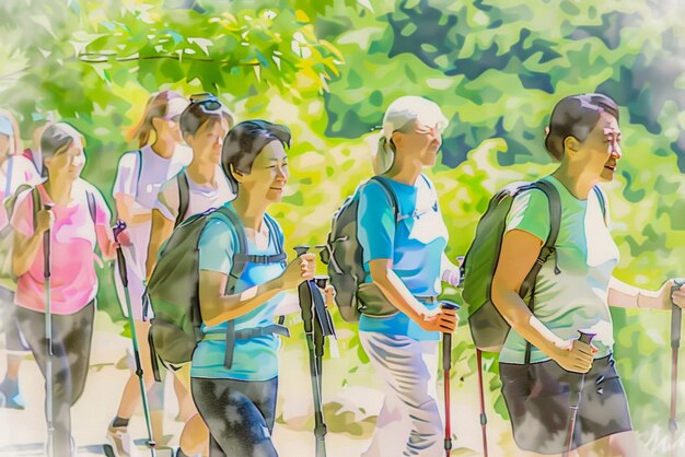 Desenho a aquarela de mulheres atléticas japonesas de meia-idade caminhando nas montanhas com Nordic walkin