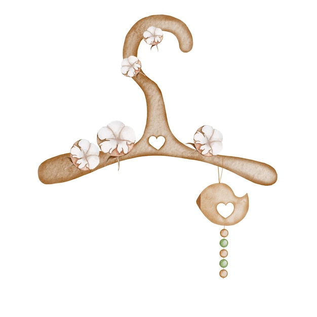 Desenho a aquarela de um bonito gancho de madeira decorado com flores de algodão com um chocalho bonito