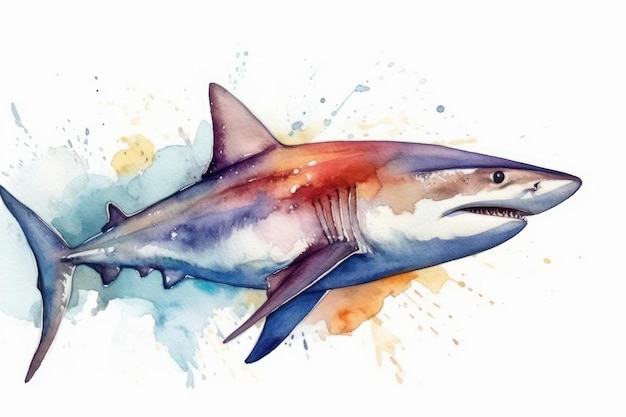 Desenho a aquarela de um tubarão nadando