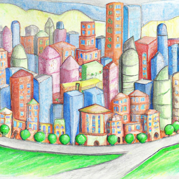 desenho a lápis colorido de uma cidade