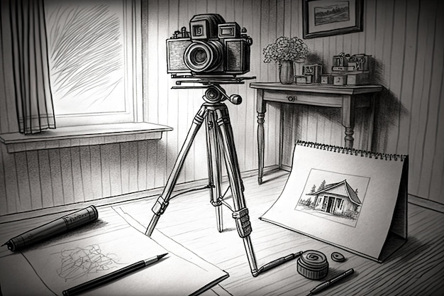 Desenho a lápis de câmera vintage e tripé no sótão criado com IA generativa