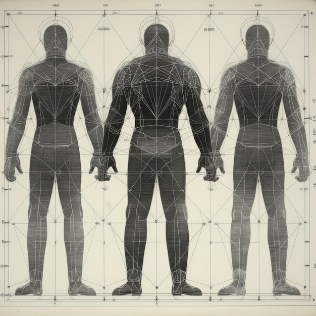 Foto desenho a lápis do corpo humano mostrando grade simétrica e marcas de altura