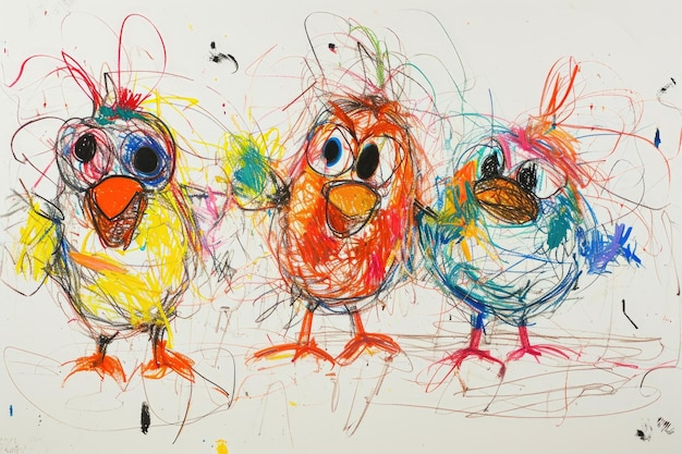 Desenho à mão de um grupo colorido de vários tipos de galinhas com lápis de cor