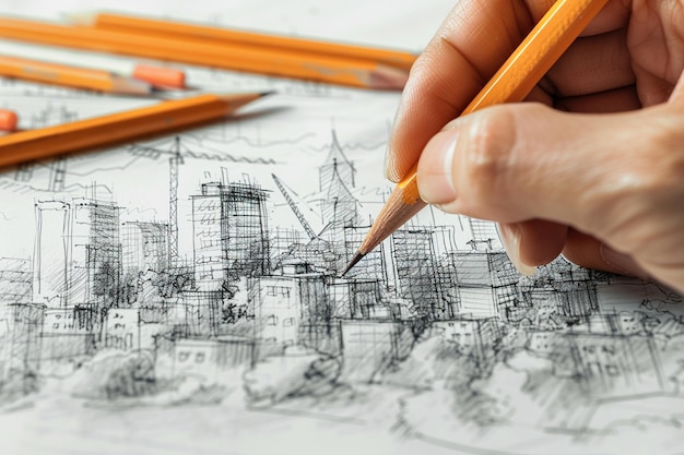 Desenho à mão do plano do edifício em fundo de papel amassado Conceito de construção