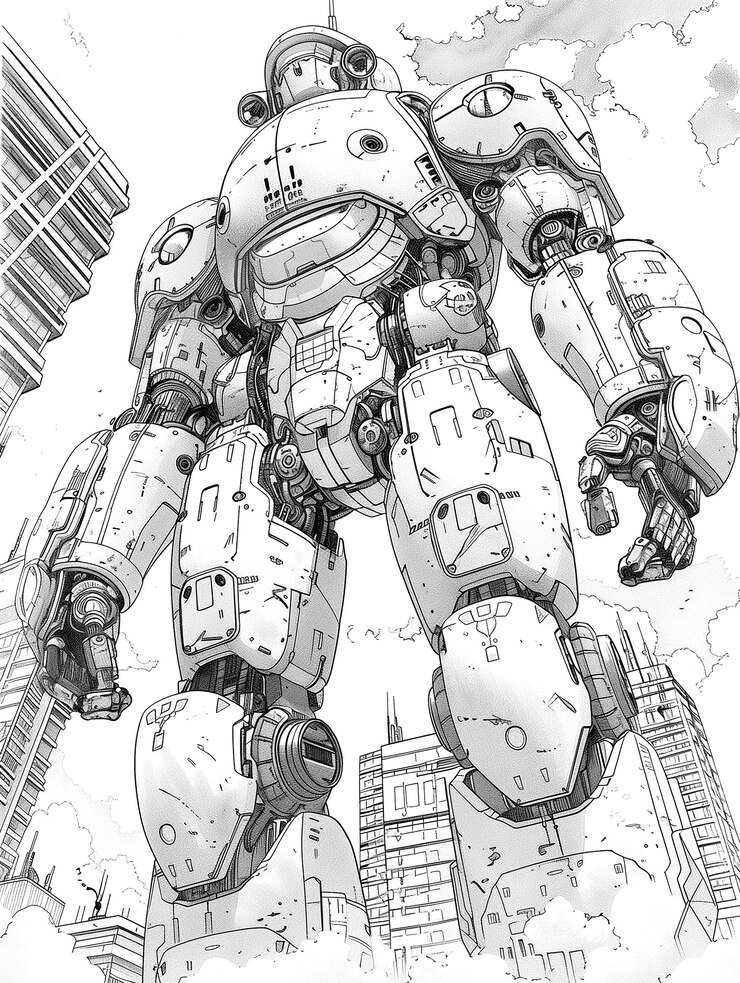 Foto desenho à mão estilo de desenho animado de robô coloração de páginas livro de esboços ilustração de rua futurista