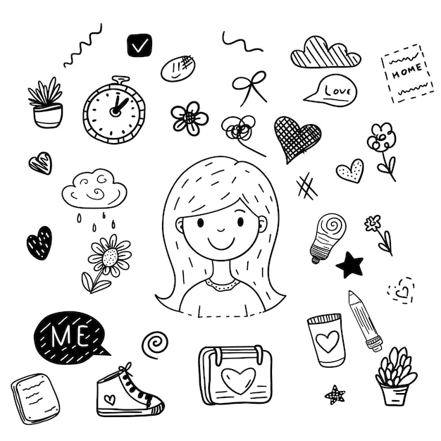 Desenho à mão sobre mim conceito com menina feliz esboço conjunto de ilustração vetorial